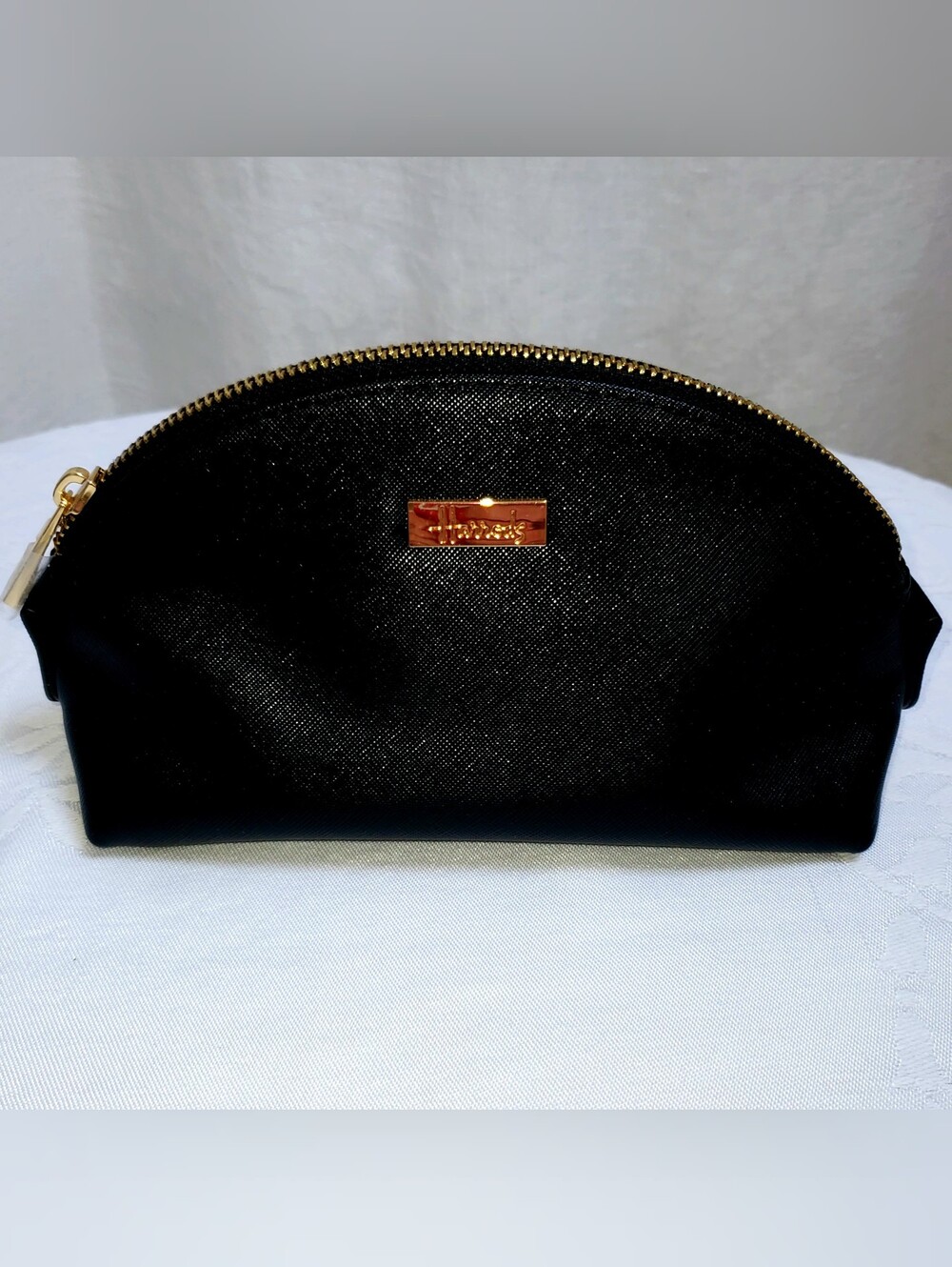 Harrods Black and Gold Saffiano Vanity Pouch